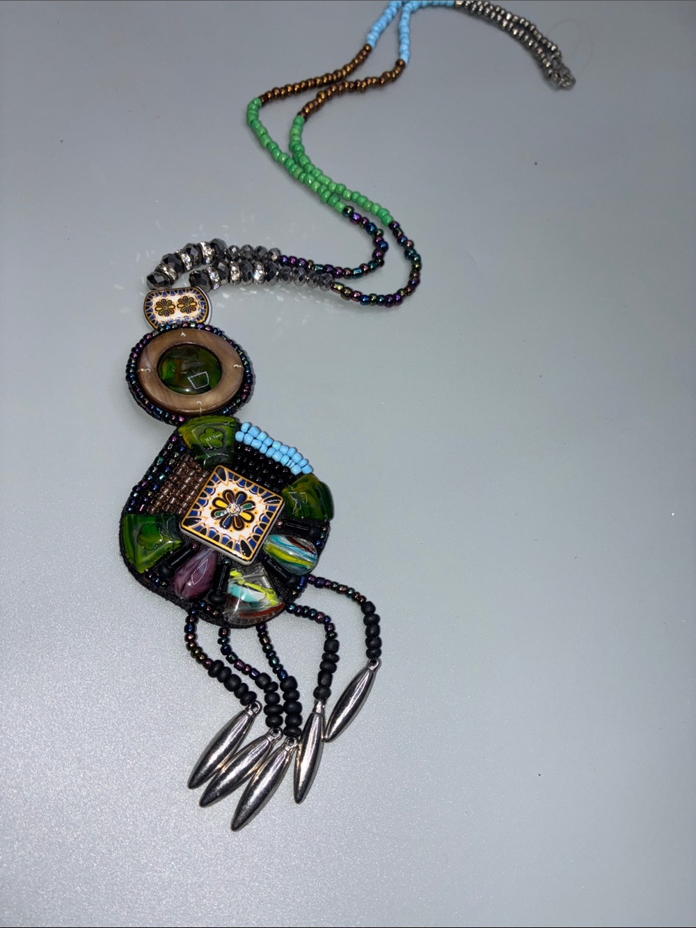 Vintage Boho Multi-Bead Statement Necklace Artisan Tassel Pendant